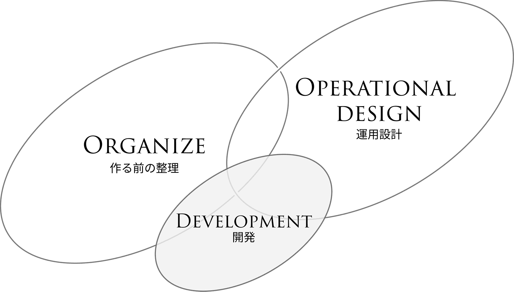 アプローチ概念図:Organize(作る前の整理)、Operational Design(運用設計)、Development(開発)