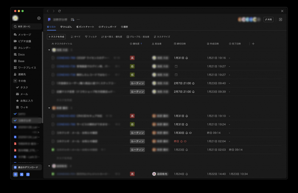 タスクをグループ化したり優先度順に並び替えたりした結果です。